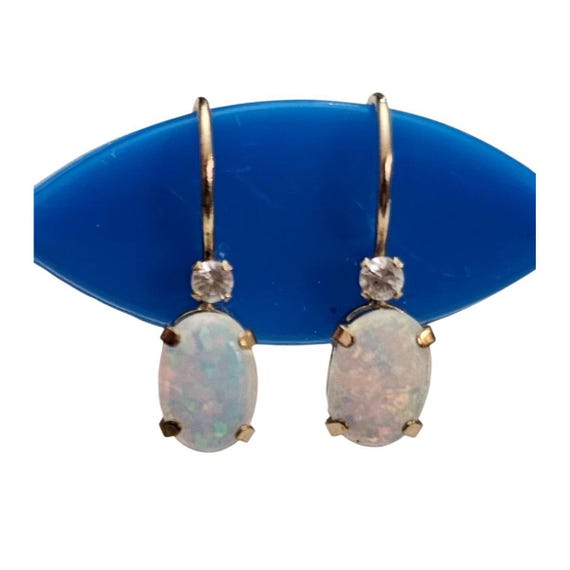 0K Yellow Gold Lab Opal Hoop Lever Back Earrings