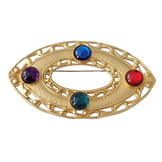 Matte Gold Tone Mogul Style Round Lucite Cabochon Oval Eye Filigree Egyptian Brooch Pin E761