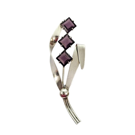 Sterling Silver Brooch Art Deco Fall Leaf Square Purple Glass Flower Pin