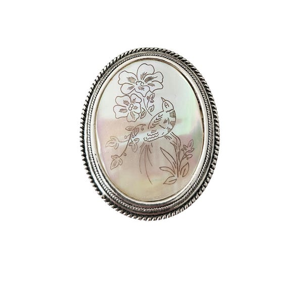 Silver Tone Oval Mother of Pearl Brooch Bird Flower Scene Shell Pin J419