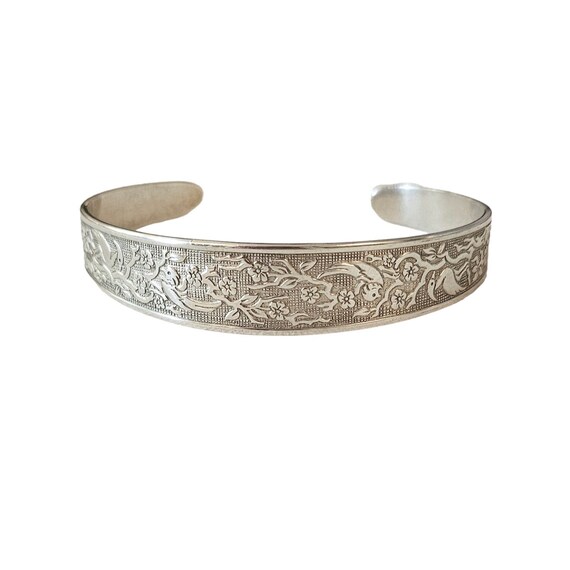 Reed And Barton Sterling Silver Bird & Flower Scroll, Linen Cuff Bracelet, Signed L47