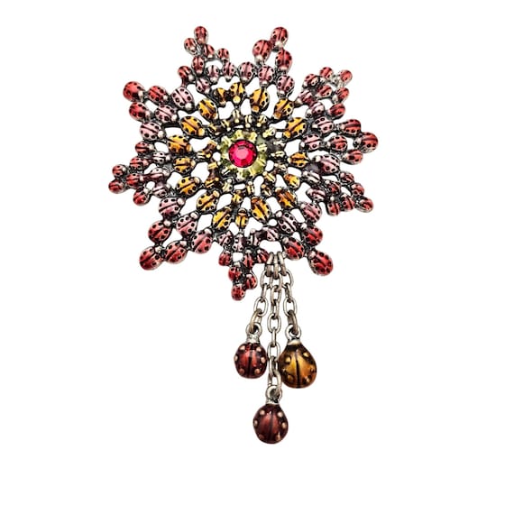Chicos Ladybug Star Flower Brooch Chain Charm Dangles Pin Signed, C702