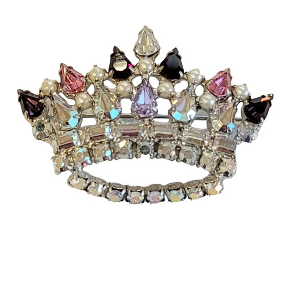 B David Pink, Purple, AB Rhinestone Faux Seed Pearl Family Crown Brooch, Signed M136