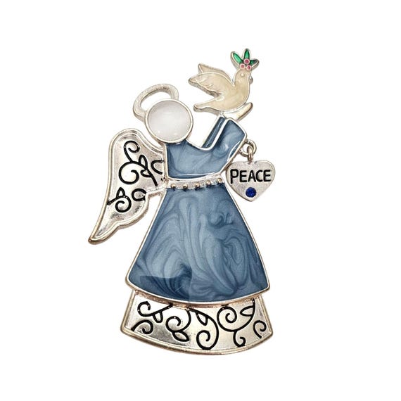 Kenneth Cole Blue Enamel Angel Dove Brooch Moonstone Glass Cab Pin, Signed