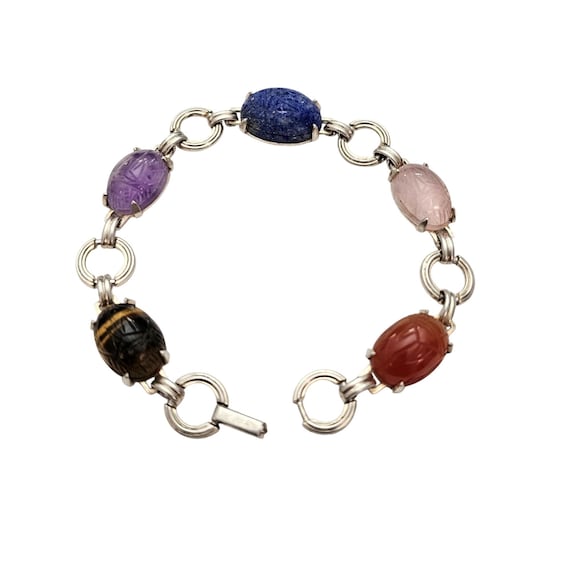 Walter Lampl Sterling Silver Scarab Bracelet Carved Gemstone, Signed J544