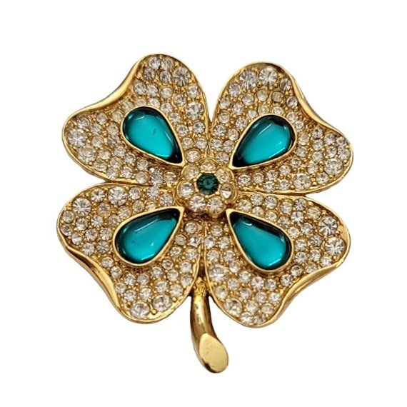 Monet Gold Tone Clear Green Glass Rhinestone 4-Leaf Clover Brooch, Signed K274
