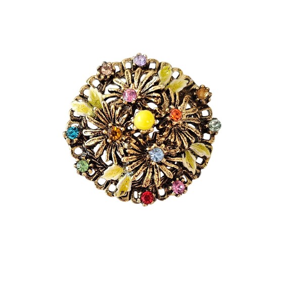 Capri Round Flower Brooch Multi Color Rhinestone Pin Signed, J360