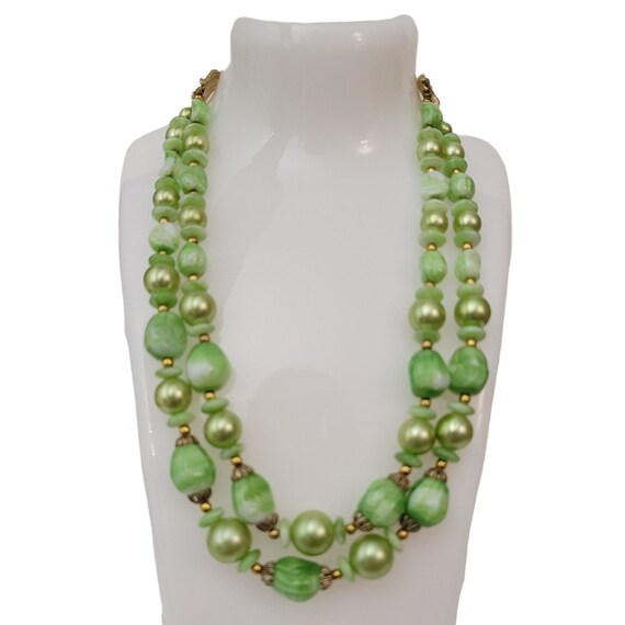 Trifari Green Glass Plastic Bead Necklace Shepherd's Hook Clasp Necklace, Signed 16" Long