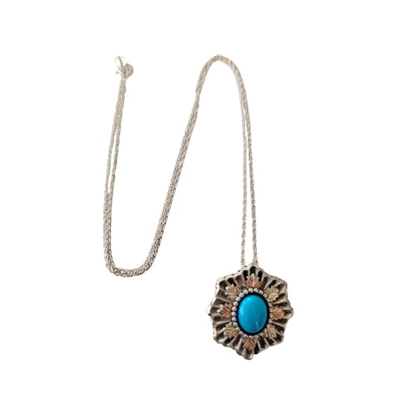 Sterling Silver 12K Black Hills Gold Leaf Blue Glass Cab Pendant Necklace L118