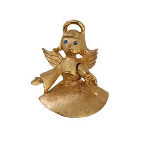 JJ Jonette Gold Tone Blue Rhinestones Eyes Articulated Arm Angel Pin Brooch, Signed