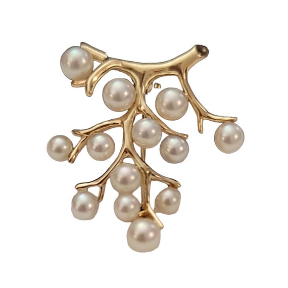 14K Yellow Gold Branch Genuine Pearl, Berry Tree Of Life Brooch Pin K851