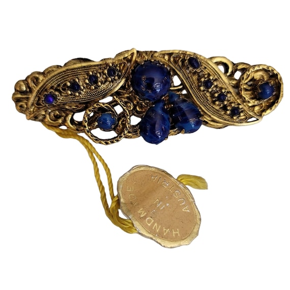 Austria Gold Tone Vintage Blue Glass Cab Filigree Bar Brooch Pin, With Tag