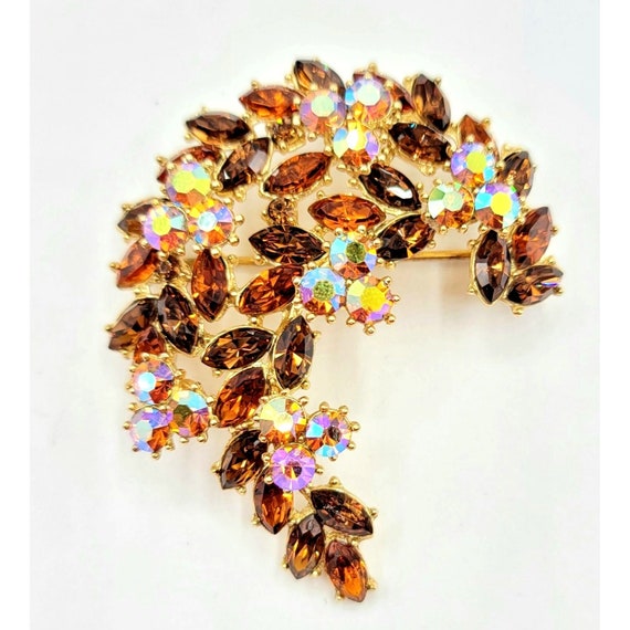 Trifari Crown Golden Rhinestone Topaz, Aurora Borealis Crescent Brooch