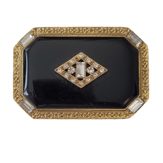 1928 Brand Victorian Style Black Center, Clear Rhinestone Square Brooch Pin E524