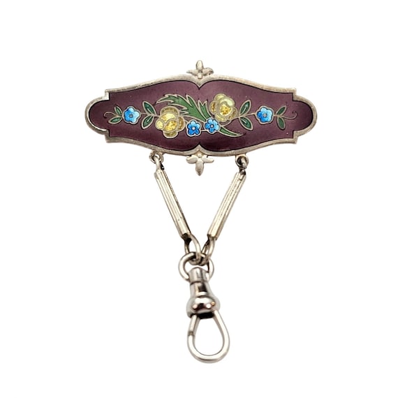Sterling Silver Champleve Yellow Blue Flower Fob Brooch Pin Trombone Clasp J725