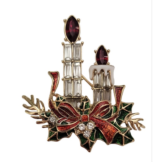 Napier Clear Red Rhinestone Baguette Candle Holly Christmas Brooch, Signed K701