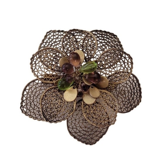 Kenneth Cole Gold-Tone Lacy Filigree Petal Plastic Bead Flower Brooch, Signed E568