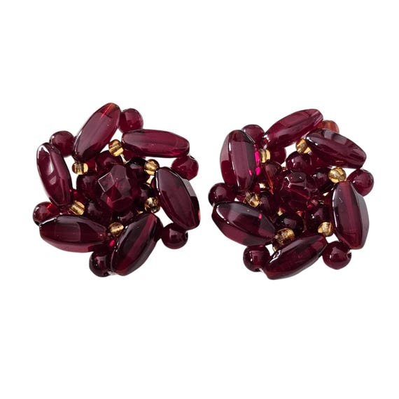 Ruby Red Glass Bead Cluster Clip On Earrings, Vintage L549