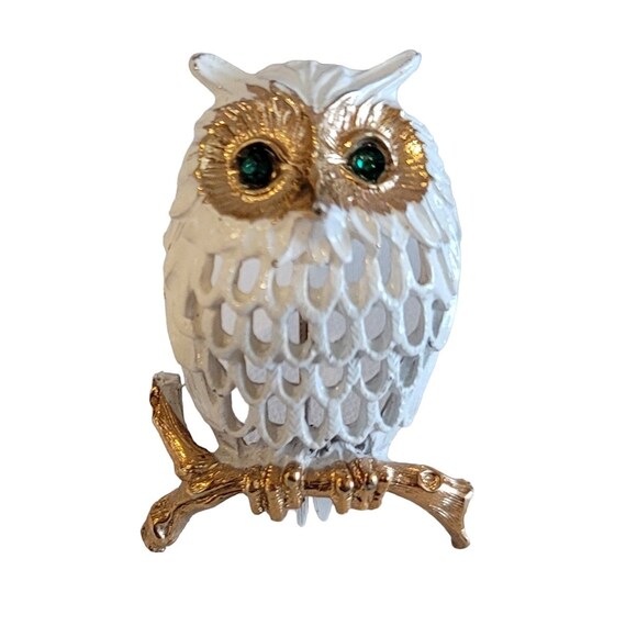 Napier Gold Tone White Enamel Green Rhinestone Eye Owl Brooch, Signed M133