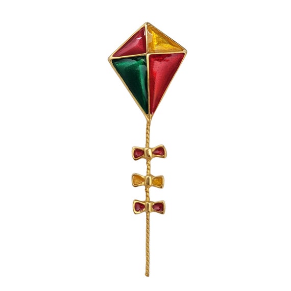 Red Green Yellow Enamel With Bow Tail Gold Tone Kite Pin Brooch E165
