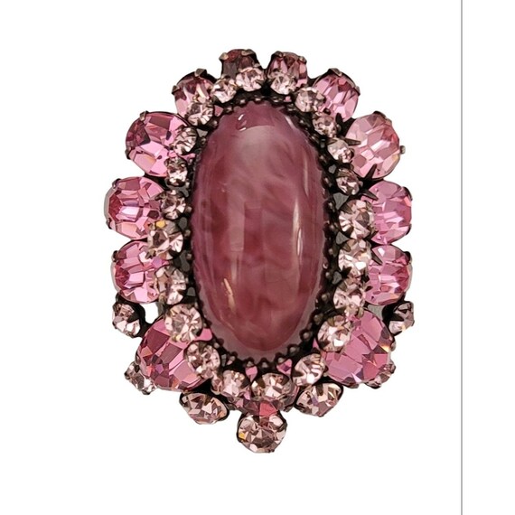Schreiner Pink Rhinestone Dome Oval Pin Brooch, Signed K247