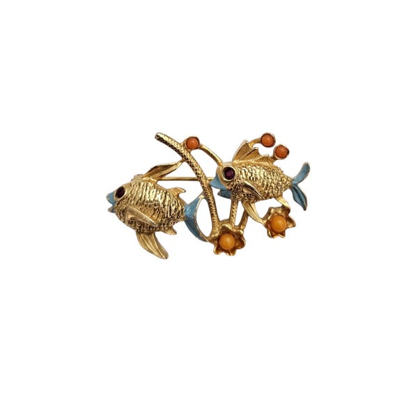 Faux Coral Bead Fish Brooch Red Eye Fish Duo Pin