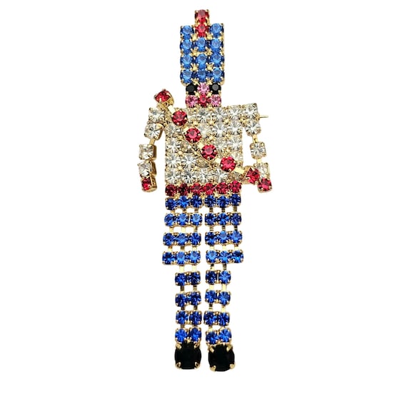 Nutcracker Soldier Articulated Brooch Blue Red Rhinestone Christmas Pin