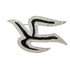 Trifari Vintage Modernist Bird Brooch Black Enamel Clear Rhinestone Pin, Signed