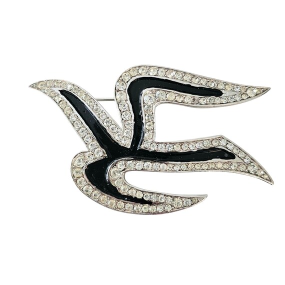Trifari Vintage Modernist Bird Brooch Black Enamel Clear Rhinestone Pin, Signed