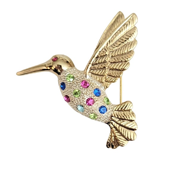 Premier Design Gold Tone Multicolor Rhinestone Bird Brooch Pin, Signed