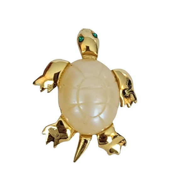 Trifari Crown Over T Gold Tone Plastic Pearl Shell Turtle Pin, Signed K27