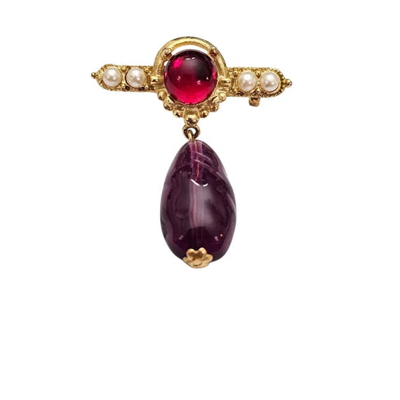 Gold Tone Red Lucite Cabochon Purple Dangle Bar Brooch Pin C865