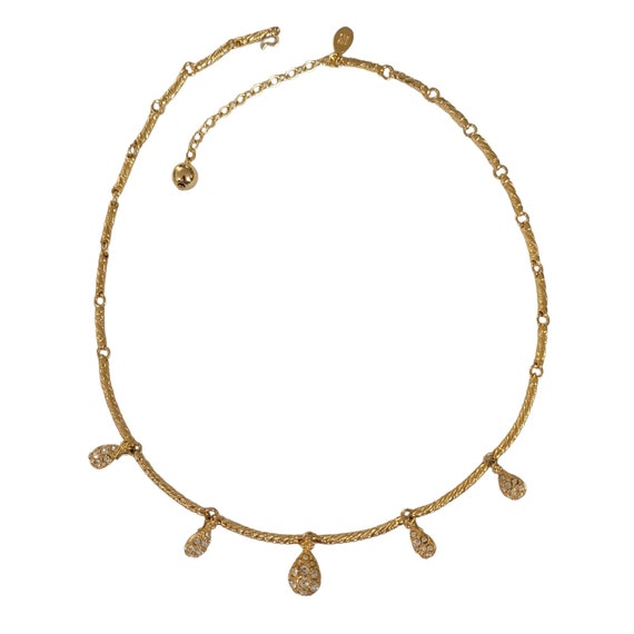 Nolan Miller Gold Tone Clear Rhinestone Pear Charm Long Link Chain Necklace, Signed E51