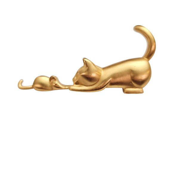 Anne Klein Brooch Matte Gold Tone Cat Mouse Pin C969