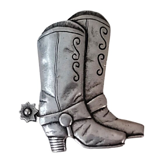 JJ Jonette Jewelry Silver Tone Western Cowboy Cowgirl Boots With Spur Pin Brooch, Signed K667