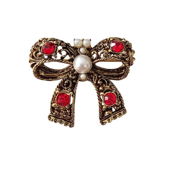 Premier Designs Red Rhinestone Bow Brooch Faux Pearl Pin Signed J332