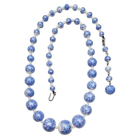 Cornflower Blue White Glass Bead Necklace, Graduated Vintage Strand 22" L, L553