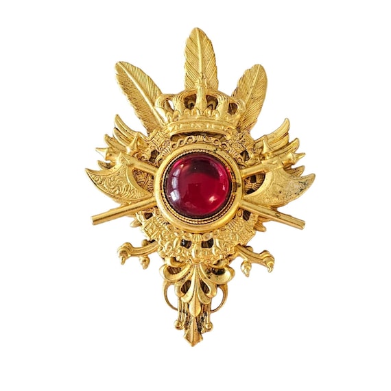 Spingarn NY Vintage Shield Brooch Feather Crown Crest Red Rhinestone Pin, Signed