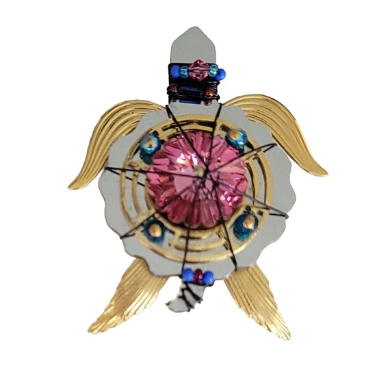 1993 LizTech Pink Glass Bead Turtle Brooch, Signed K395