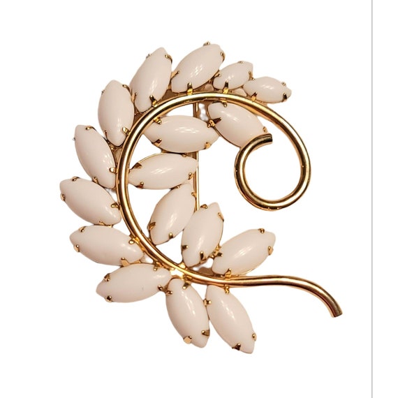 Napier Gold Tone White Milk Glass Buff Navette Rhinestones Swirl Leaf Brooch, Signed
