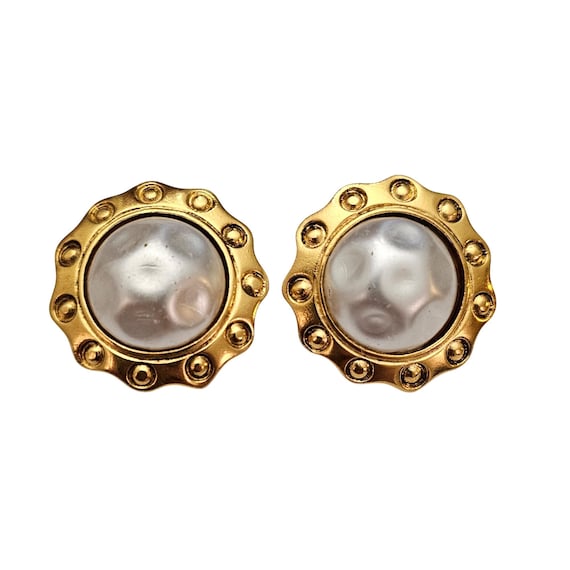 Chanel Gold Tone Faux Pearl Clip-On Earrings, Signed C664