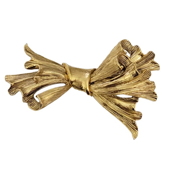 Oscar De La Renta Gold Tone Wavy, Textured Bow Brooch, Signed