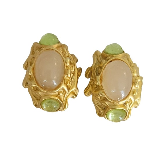 Blanca Gold Tone Pink Green Lucite Cabochon Chunky Leaf Brutalist Clip On Earrings, Signed K64