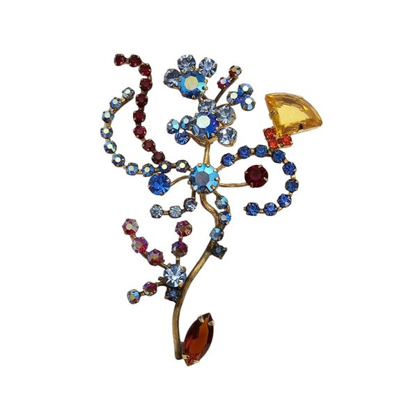 Austria Blue Red Rhinestone Brooch Wired Pin