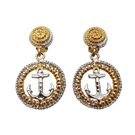 Anchor Dangle Clip On Gold Silver Tone Earrings J572