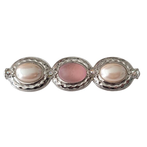 1928 Brand Silver Tone Frosted Pink Lucite Faux Pearl AB Rhinestones Oval Trio Bar Pin Brooch E733