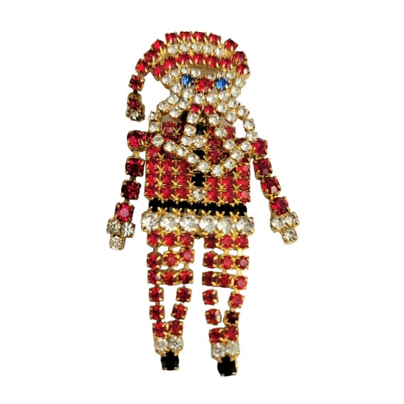 Santa Claus Red Clear Rhinestone Articulated Holiday Pin Brooch