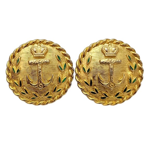 Carolee Gold-Tone Green Leaf Enamel Crown Anchor Round Clip-on Earrings, Signed K211