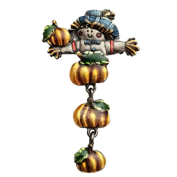Scarecrow Brooch Fall Color Enamel Pumpkin Charm Dangles Pin Signed AJMC J397