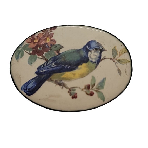 Blue Bird, Flower Enamel Oval Copper Brooch Pin E885